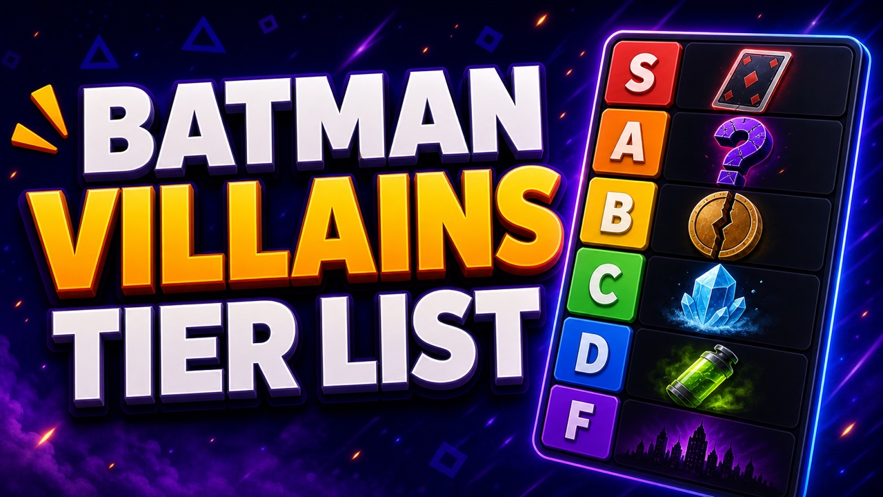 Purple comic-style gaming thumbnail for a Batman villains tier list with abstract clue cards and city icons