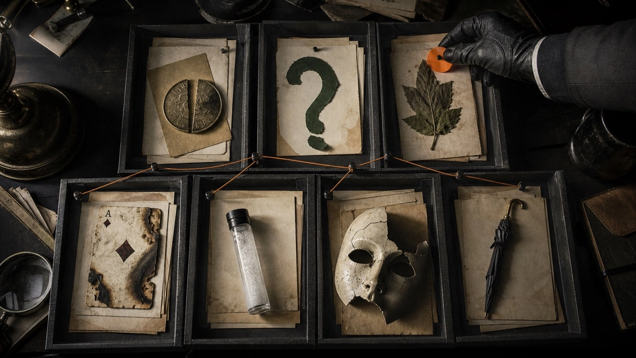 Gloved investigator ranking seven villain evidence files linked with orange thread