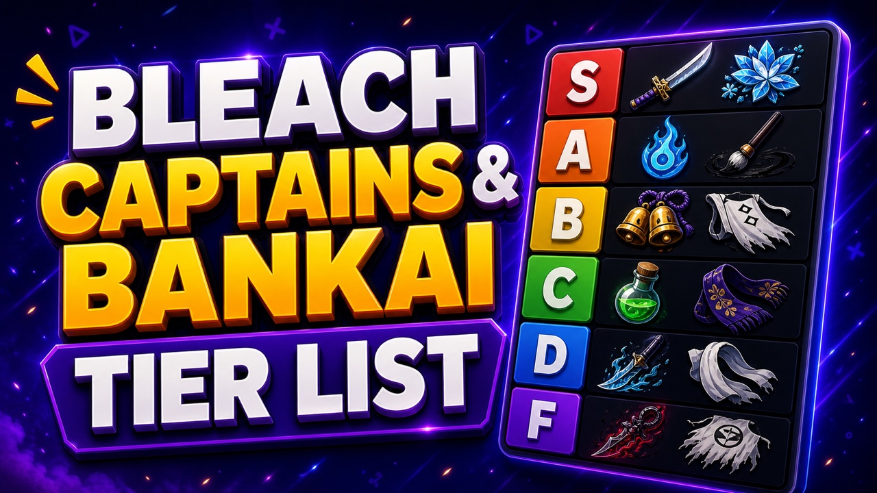 Purple anime-inspired thumbnail for a Bleach captains and Bankai tier list with fantasy sword and elemental icons
