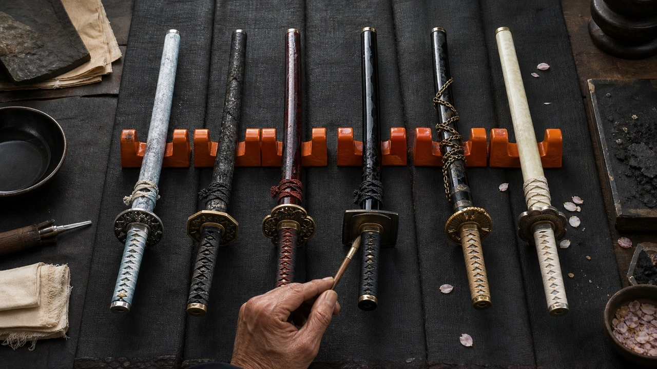 Swordsmith comparing six distinct sheathed blade designs on charcoal fabric and orange lacquer rests