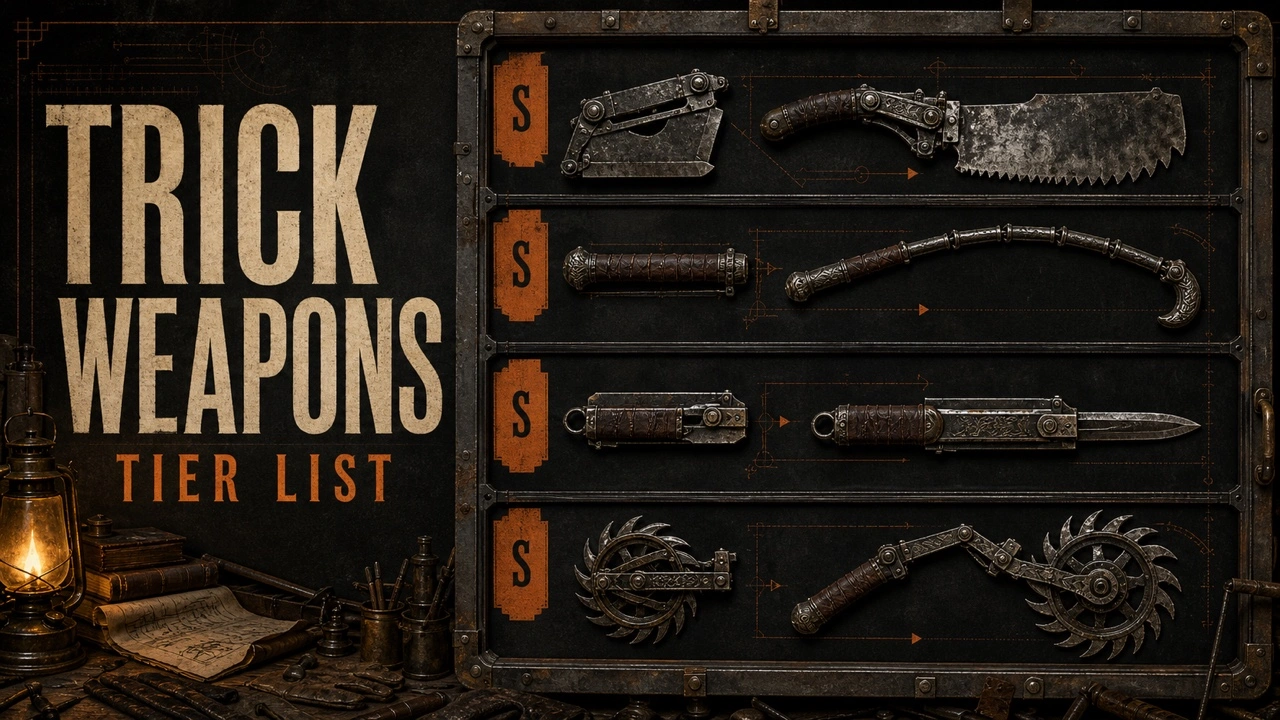 Charcoal and orange Trick Weapons poster with four ranked transforming Victorian weapon props