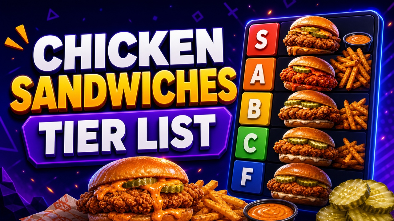Bright gaming-style chicken sandwiches tier list thumbnail with crispy sandwiches and colorful ranking rows