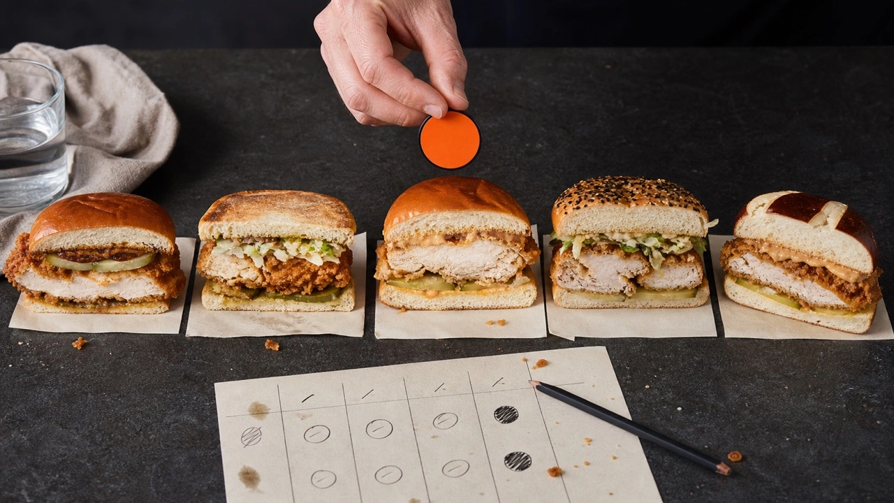 Reviewer comparing five chicken sandwiches on a charcoal tasting table with an orange ranking token