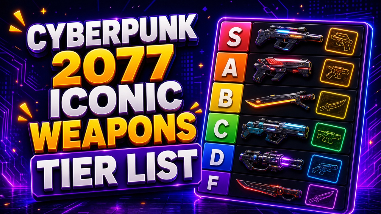 Neon gaming thumbnail for a Cyberpunk 2077 iconic weapons tier list with futuristic guns and blades