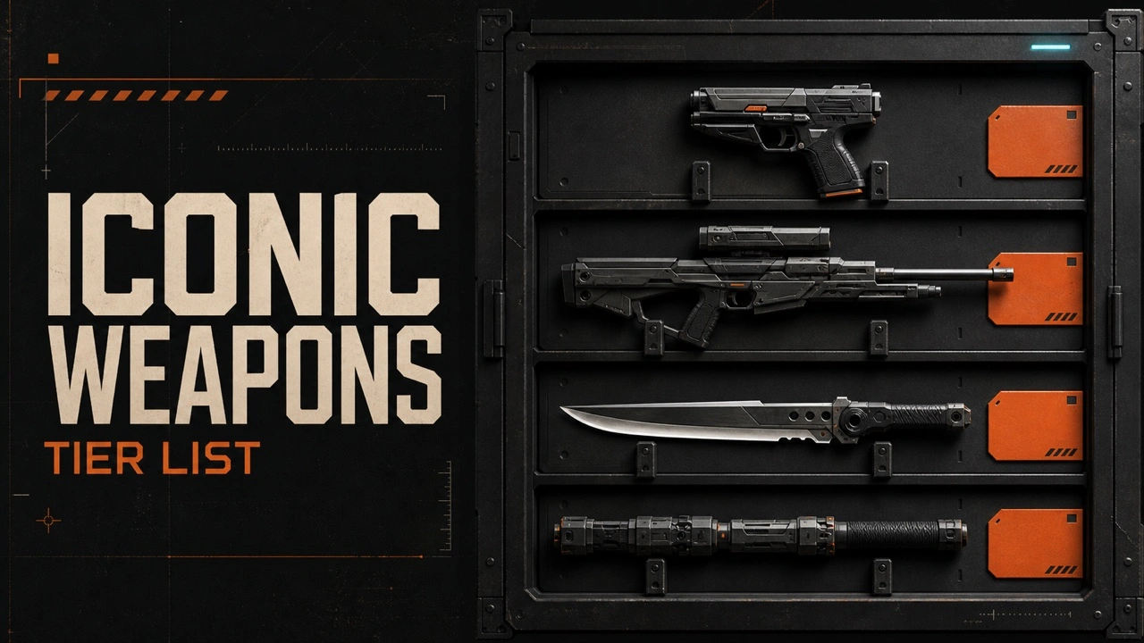 Charcoal and orange Iconic Weapons poster with four futuristic props in an industrial cabinet