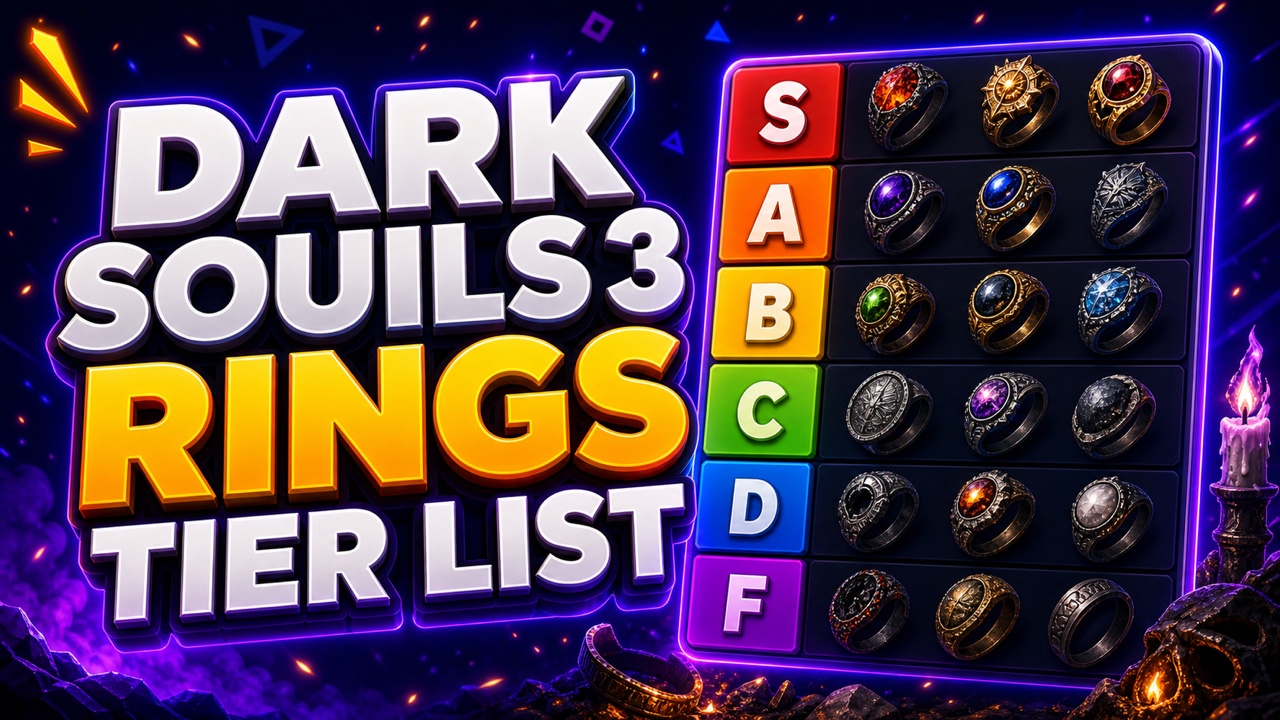Purple fantasy gaming thumbnail for a Dark Souls 3 rings tier list with glowing rings beside S through F rows