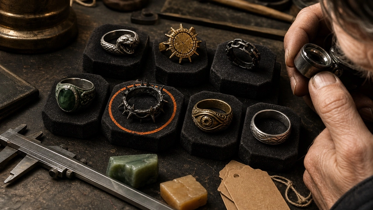 Jeweler inspecting seven weathered fantasy rings arranged on charcoal display pads