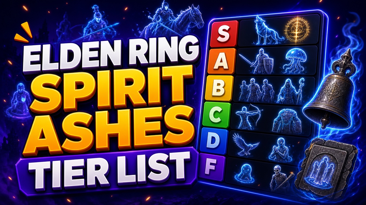 Gaming-style Elden Ring Spirit Ashes tier list thumbnail with spectral summons beside glowing colored tier rows