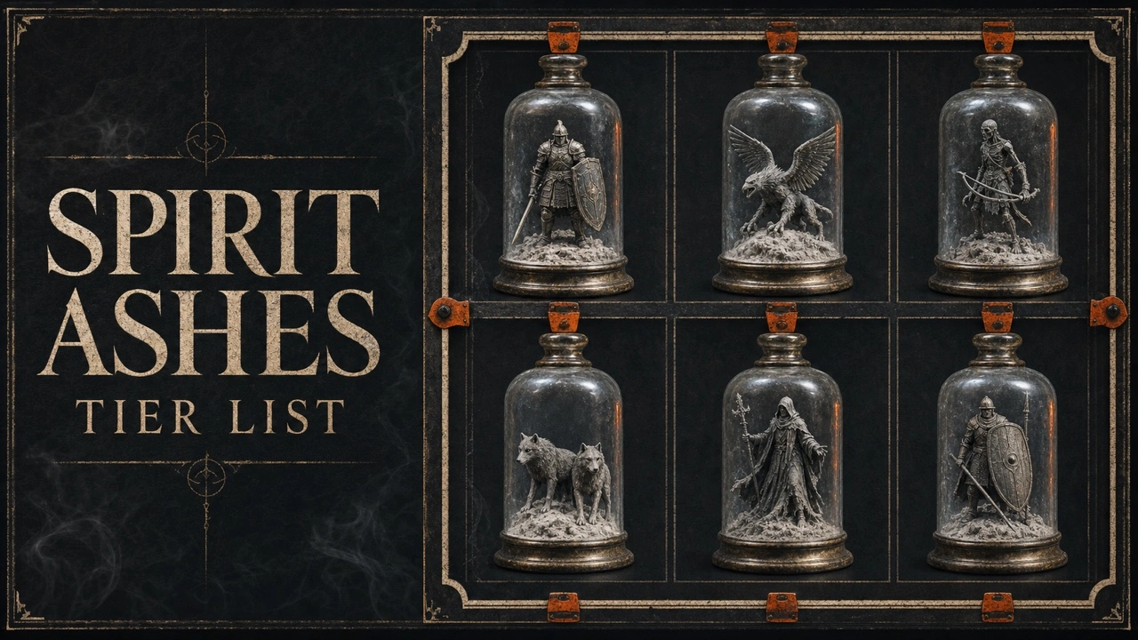 Charcoal Spirit Ashes poster with six miniature summons displayed inside glass reliquaries