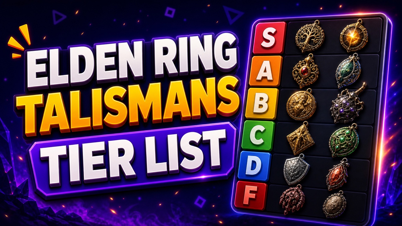 Gaming-style Elden Ring talismans tier list thumbnail with glowing fantasy trinkets and colorful S through F rows