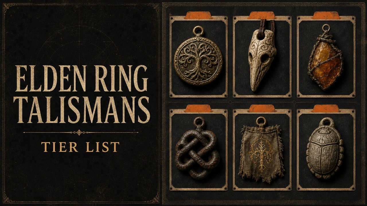 Charcoal Elden Ring Talismans poster with six photographed fantasy artifacts in an orange-tabbed archive
