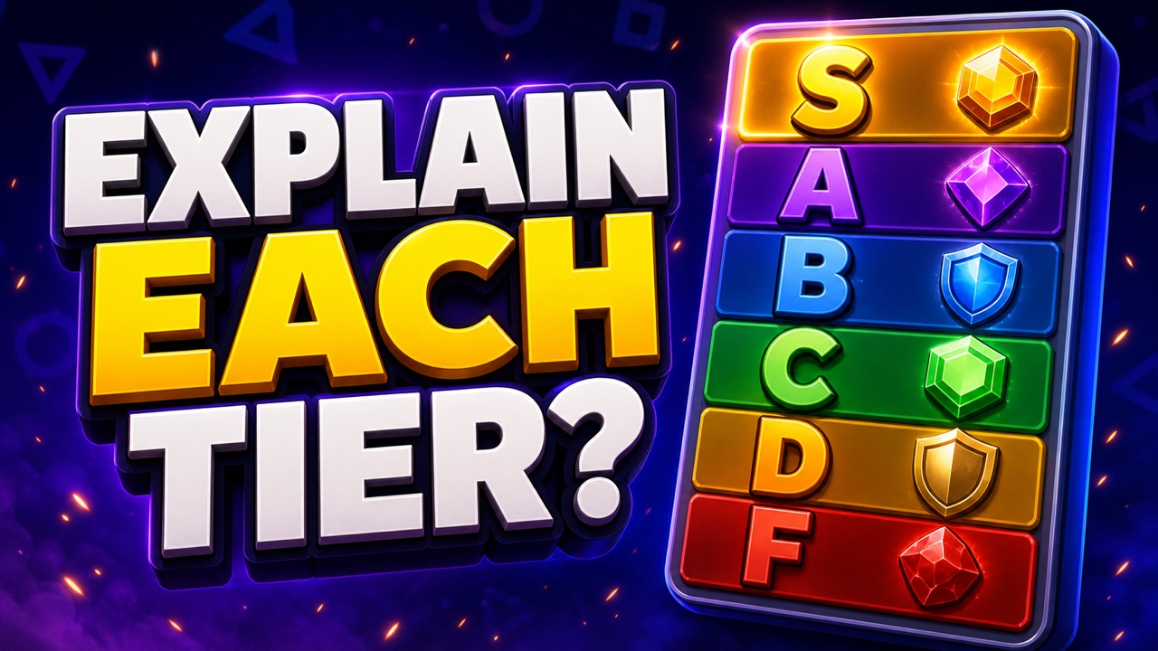 Gaming-style thumbnail that explains the colorful S through F tier scale