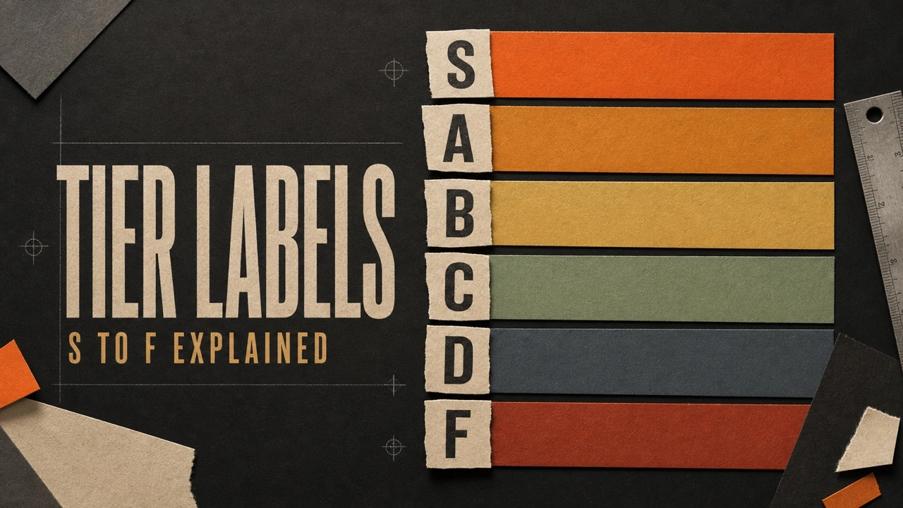 Charcoal Tier Labels poster with hand-cut S through F letters and muted paper ranking bars