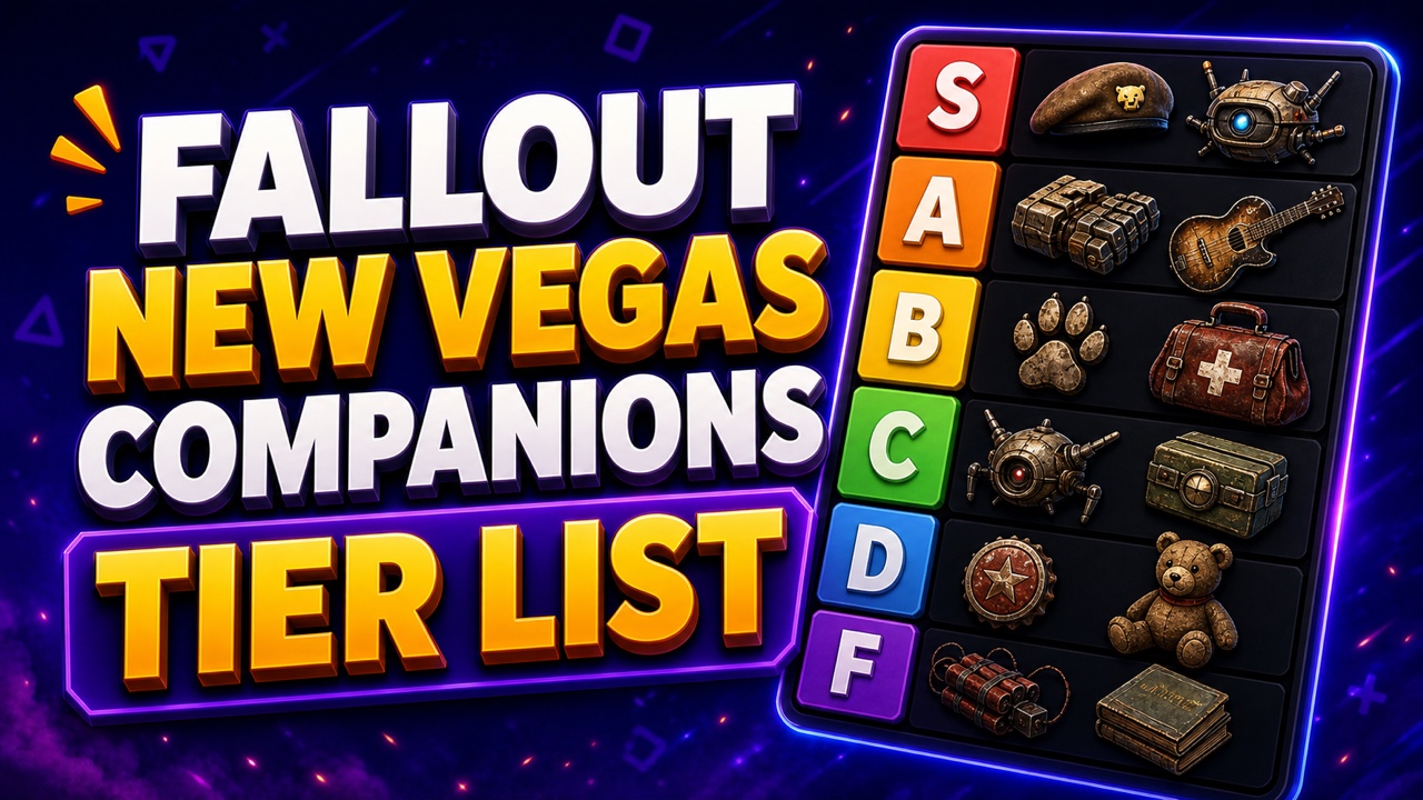 Retro futuristic gaming thumbnail for a Fallout New Vegas companion tier list with beret, robot, fist, and dog icons