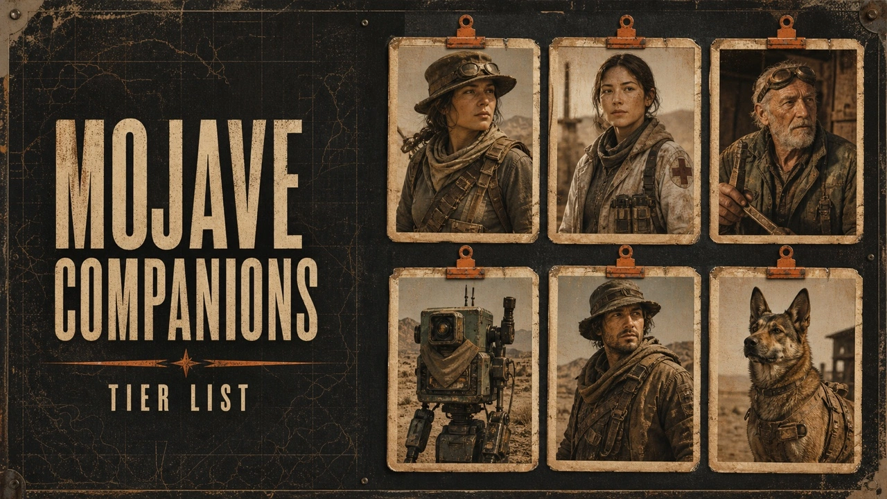 Weathered Mojave Companions poster with six original desert personnel dossier portraits