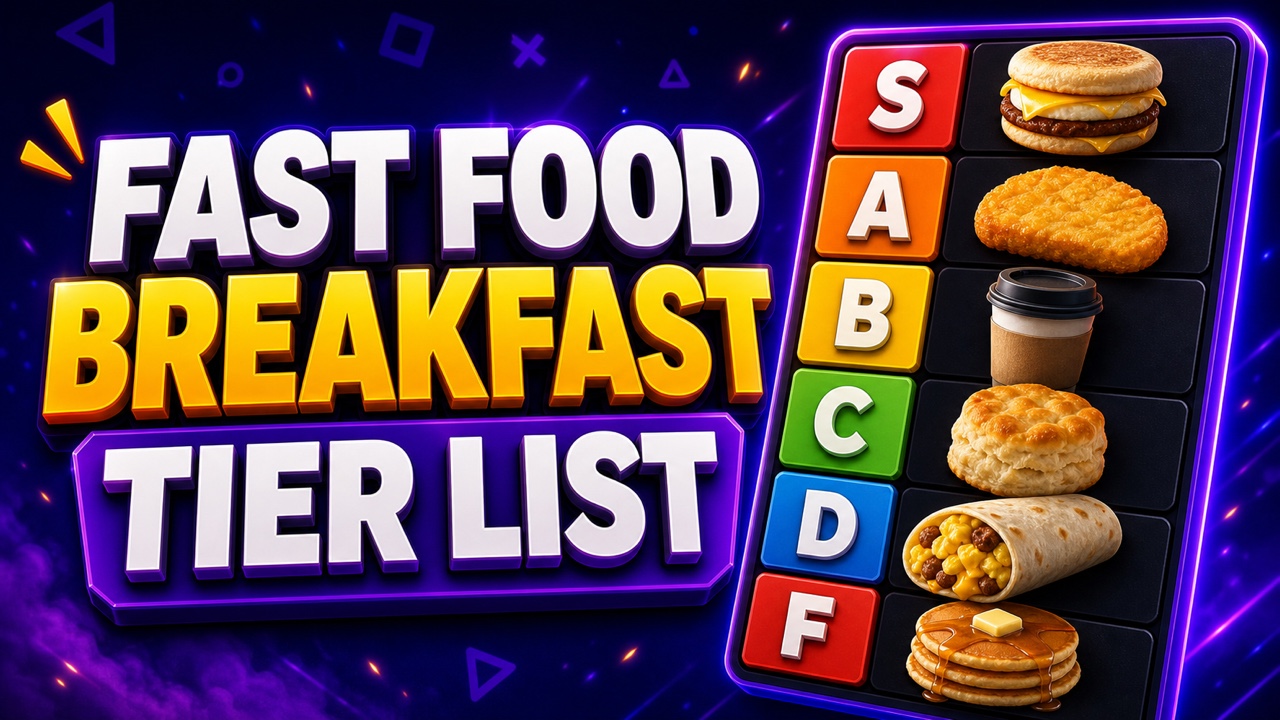 Colorful gaming thumbnail for a fast food breakfast menu tier list with sandwich, coffee, hash brown, and burrito icons