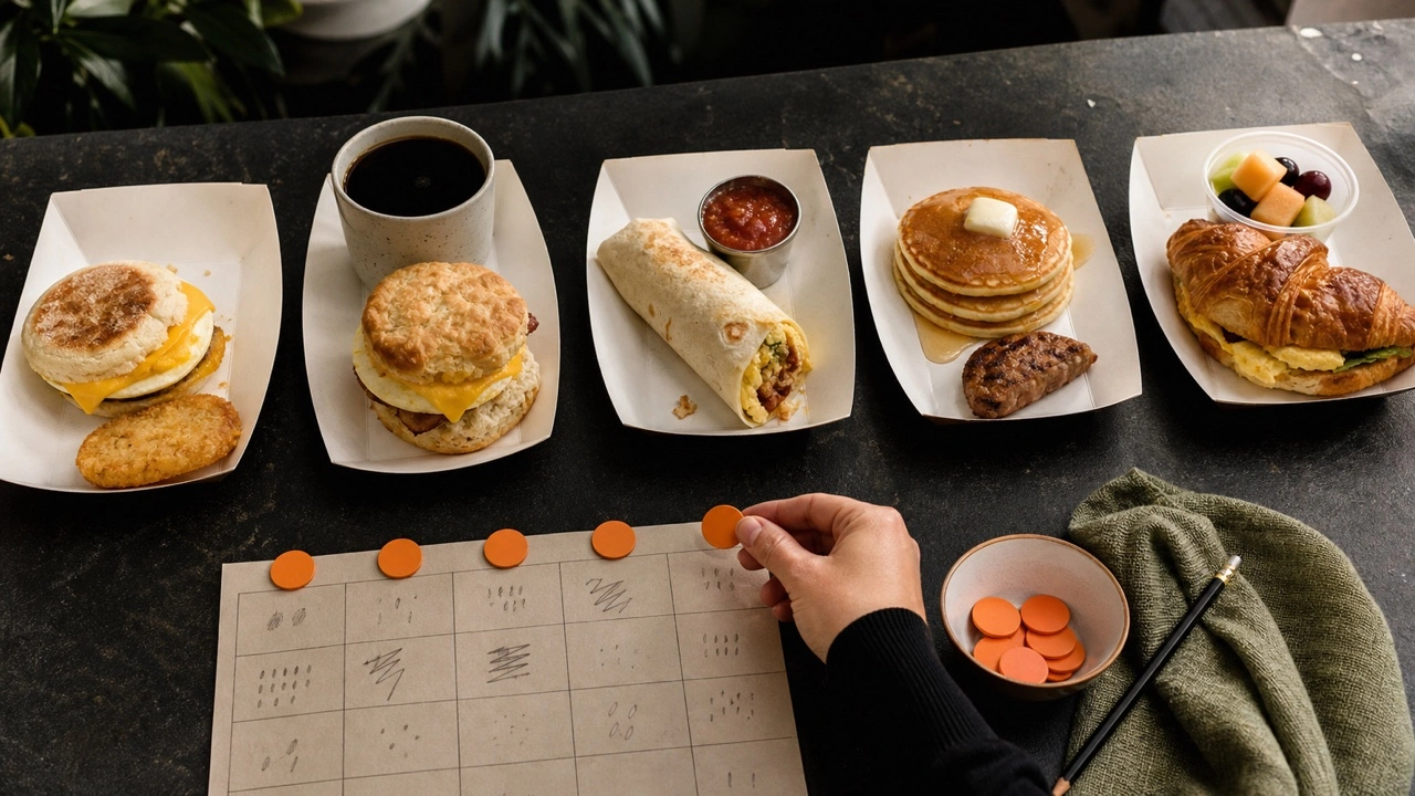 Reviewer ranking five unbranded breakfast menus on a charcoal café tasting table