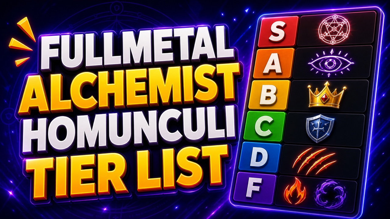 Purple anime-inspired thumbnail for a Fullmetal Alchemist Homunculi tier list with alchemy and sin symbols