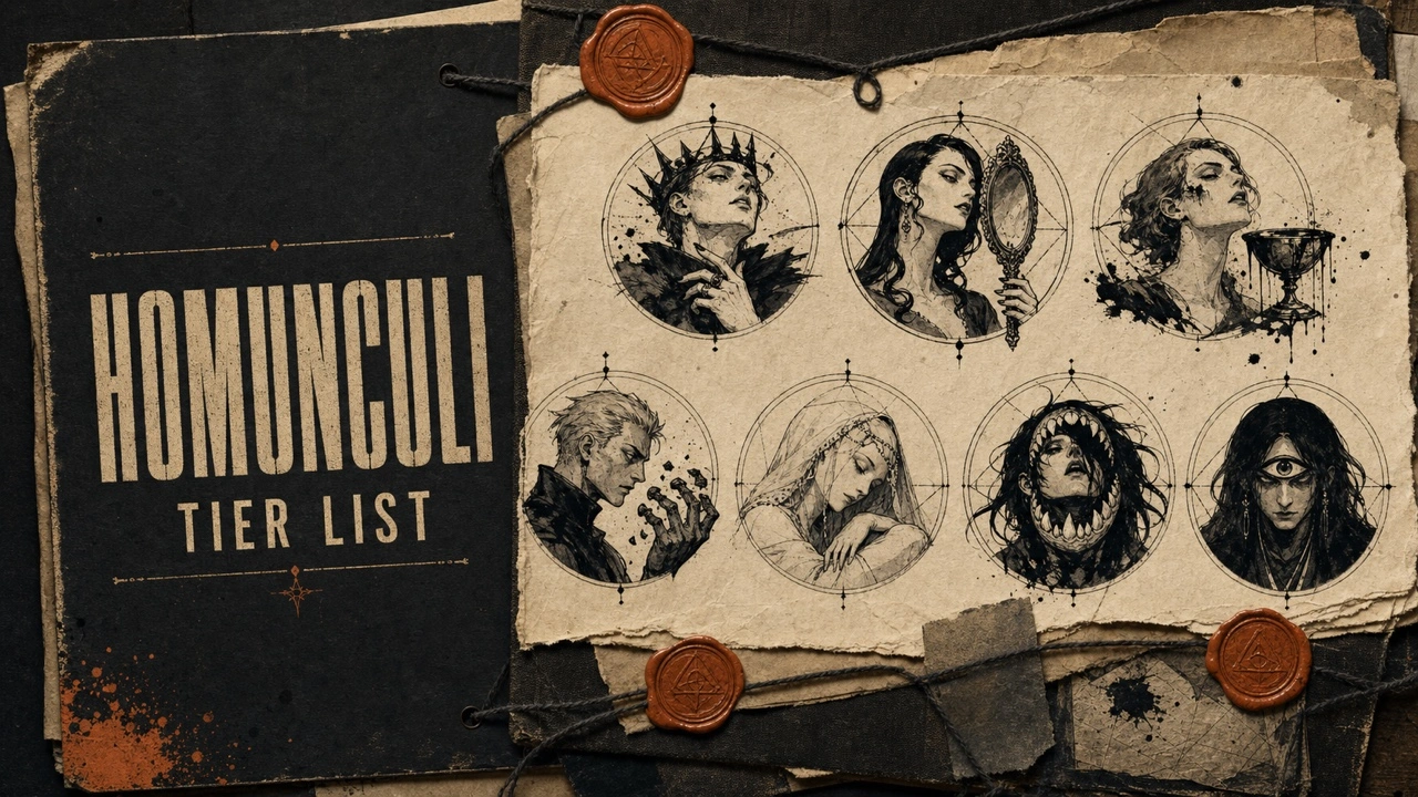 Charcoal Homunculi poster with seven inked vice portraits on a handmade alchemy dossier