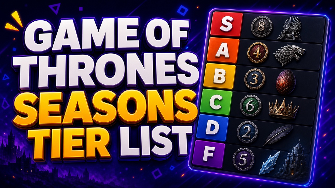 Purple fantasy television thumbnail for a Game of Thrones seasons tier list with original throne, wolf, dragon egg, and crown icons