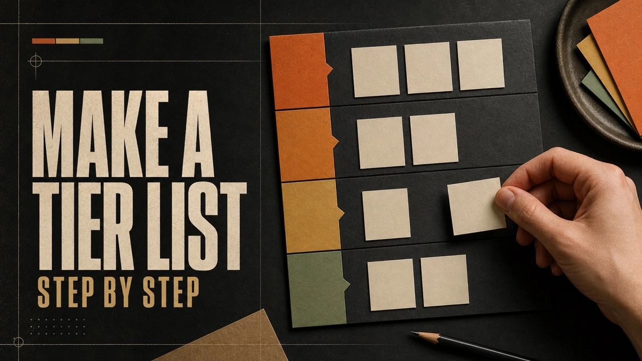 Charcoal Make a Tier List poster with a hand placing cards on a restrained ranking board