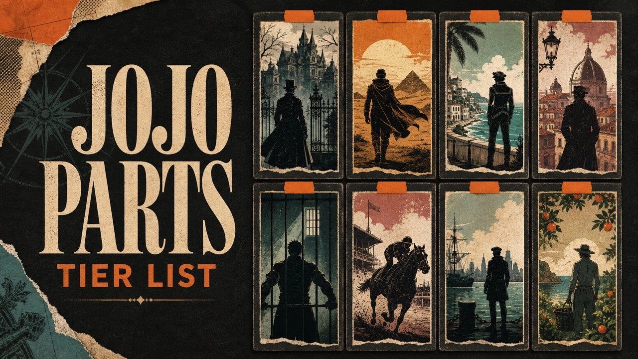 Charcoal JoJo Parts poster with eight hand-printed story-era panels and orange chapter tabs