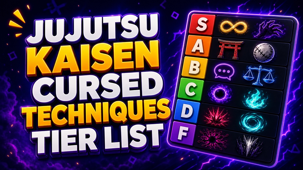 Purple anime-inspired thumbnail for a Jujutsu Kaisen cursed techniques tier list with abstract infinity and shadow symbols