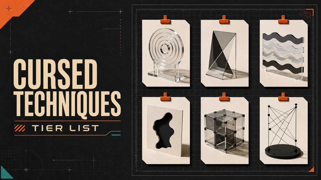 Clean charcoal Cursed Techniques poster with six acrylic and paper design-laboratory models