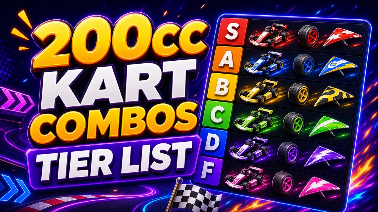 Colorful racing thumbnail for a Mario Kart 8 Deluxe 200cc combination tier list with original kart, wheel, and glider icons