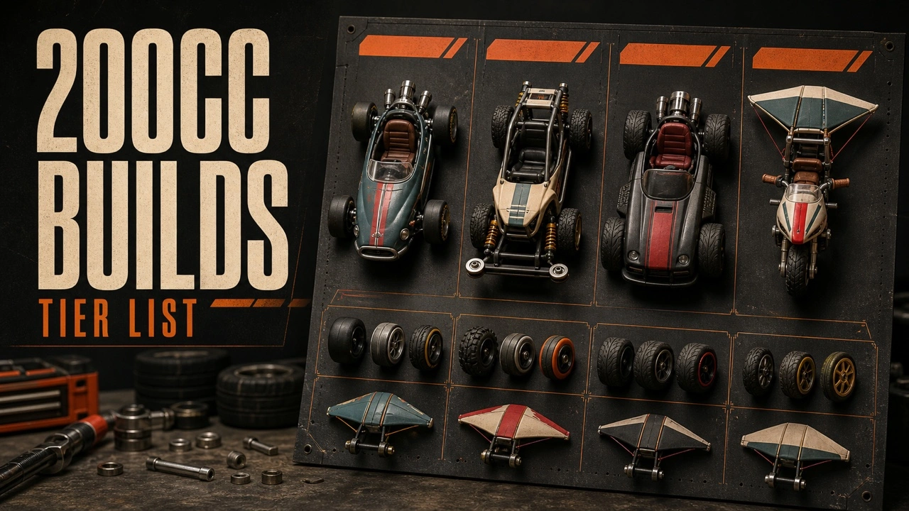 Charcoal and orange 200cc Builds poster with four miniature racing combinations and interchangeable parts