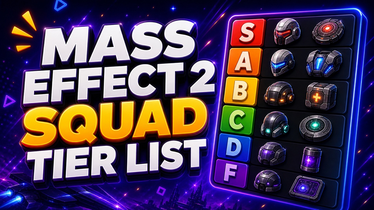 Neon sci-fi thumbnail for a Mass Effect 2 squad tier list with helmet and tech icons