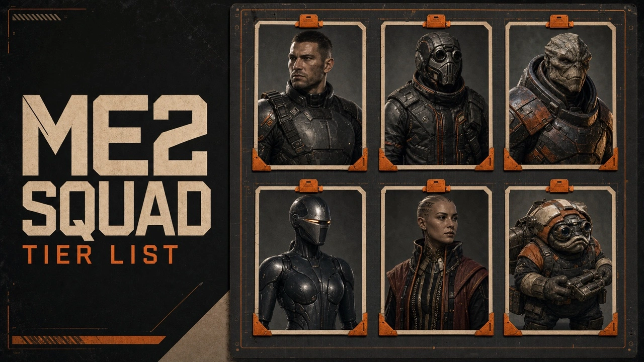 Charcoal and orange ME2 Squad poster with six original sci-fi personnel dossier portraits