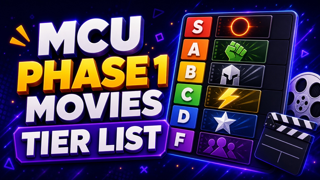 Purple superhero cinema thumbnail for an MCU Phase 1 movies tier list with abstract helmet, shield, hammer, and reactor icons
