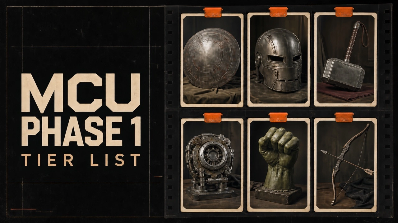 Charcoal MCU Phase 1 poster with six photographed cinema-prop study cards and orange clips