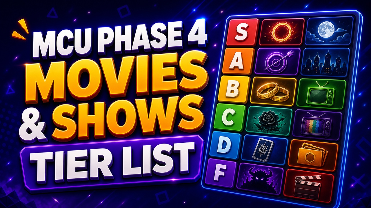 Purple superhero cinema thumbnail for an MCU Phase 4 tier list with abstract magic, mask, ring, moon, and television icons