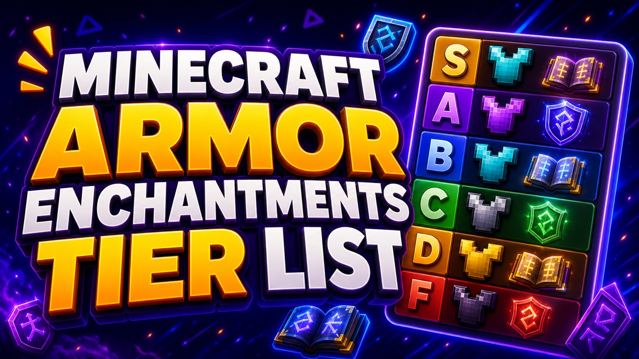 Purple gaming thumbnail for a Minecraft armor enchantments tier list with blocky armor and enchanted book icons