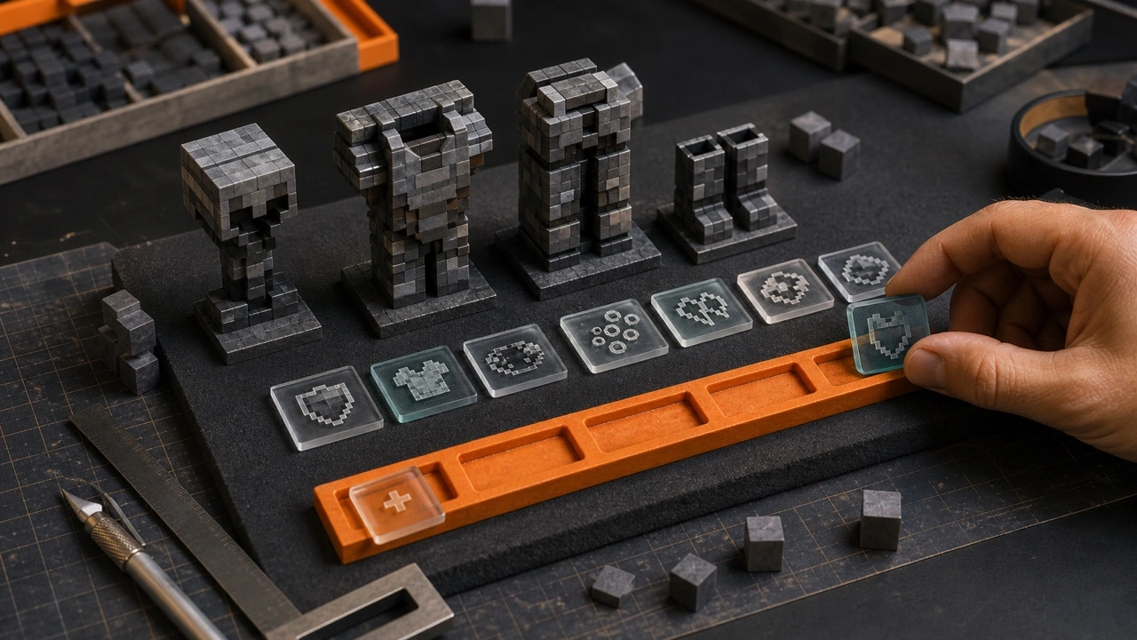 Model maker ranking translucent enchantment tiles beside four block-built armor miniatures