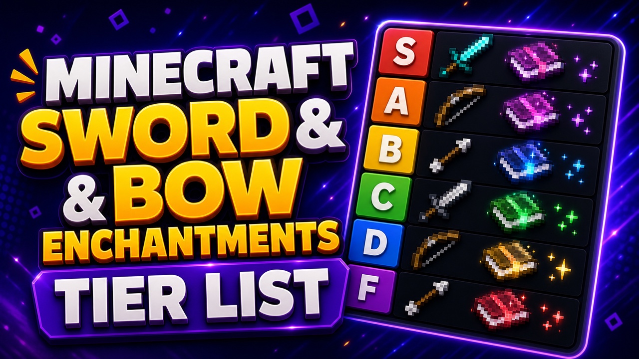 Purple gaming thumbnail for Minecraft sword and bow enchantments with blocky weapon and enchanted book icons