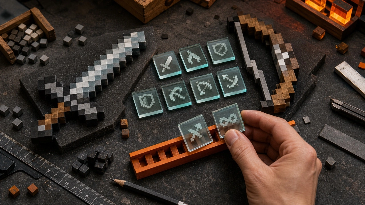 Hand comparing translucent upgrade tiles beside a block-built sword and bow on a model maker’s bench