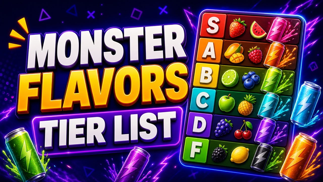 Neon gaming-style Monster flavors tier list thumbnail with colorful unbranded energy cans and fruit symbols