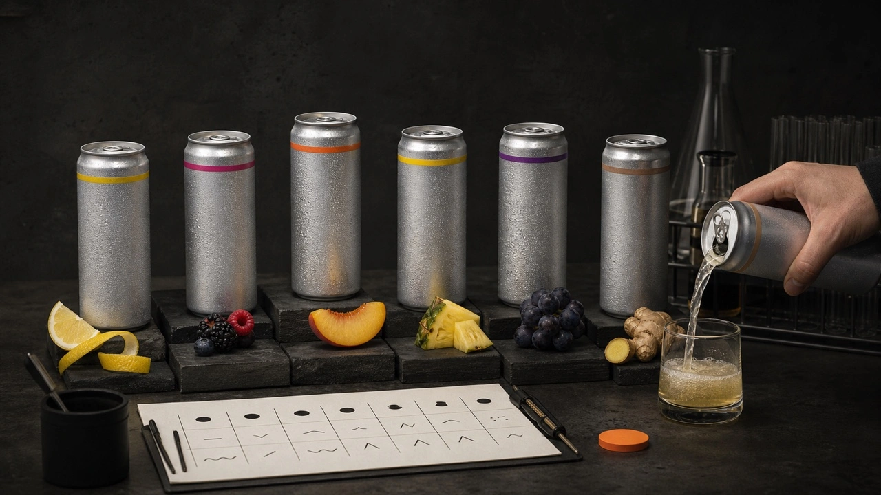 Blind tasting of six unbranded energy drinks with fruit pairings on a charcoal laboratory table