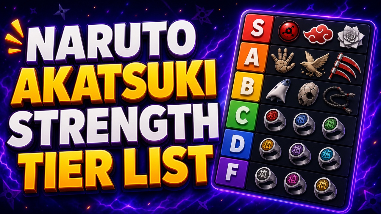 Purple ninja anime-inspired thumbnail for an Akatsuki strength tier list with original eye, cloud, puppet, paper, and ring icons