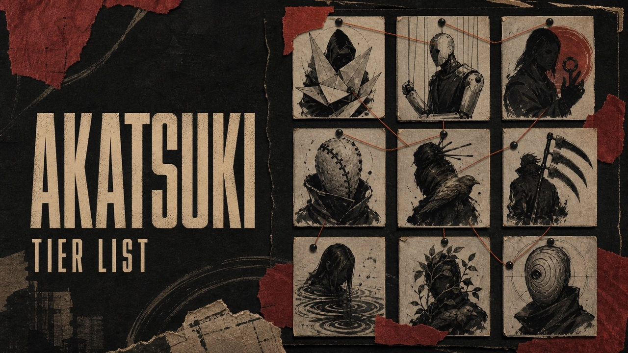 Charcoal Akatsuki poster with nine original inked rogue-ninja dossier portraits linked by orange thread
