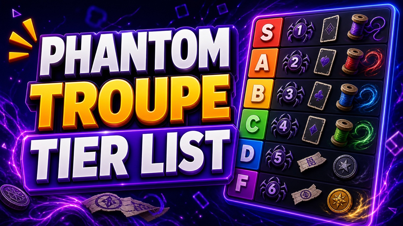 Purple anime-inspired thumbnail for a Phantom Troupe tier list with spider badges, cards, thread, and aura icons