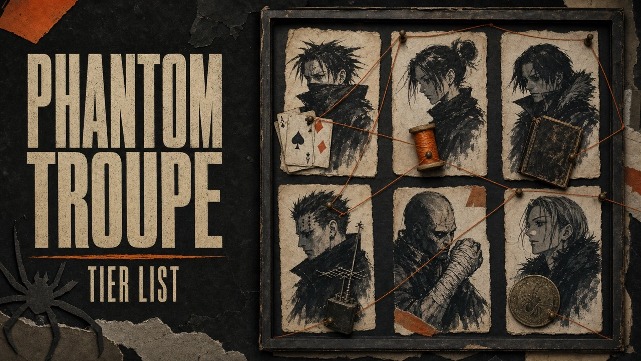 Charcoal Phantom Troupe poster with six inked thief portraits connected by orange thread