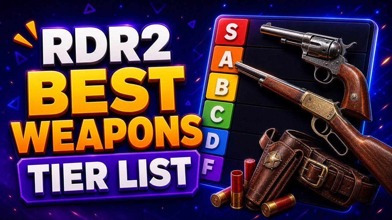 Western gaming thumbnail for a Red Dead Redemption 2 weapons tier list with revolvers, rifles, and colored rows