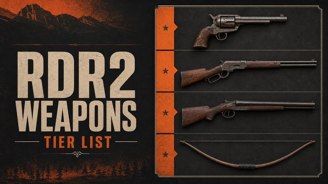 Restrained charcoal and orange RDR2 weapons poster with four ranked Western weapon props