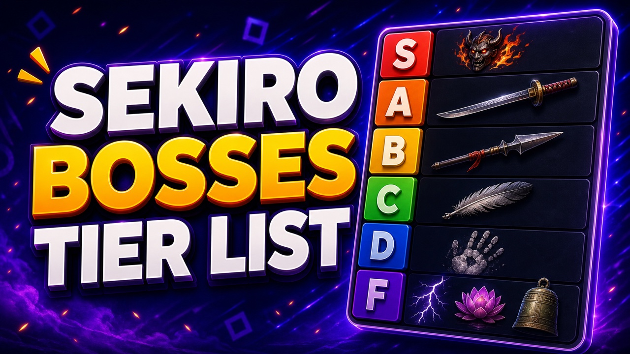 Purple samurai gaming thumbnail for a Sekiro bosses tier list with original sword, fire, ape, owl, and dragon icons