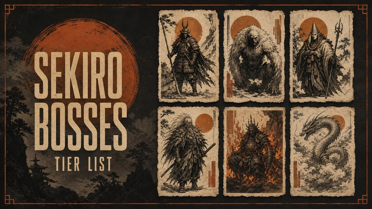 Charcoal Sekiro Bosses poster with six hand-inked boss portraits on torn rice paper