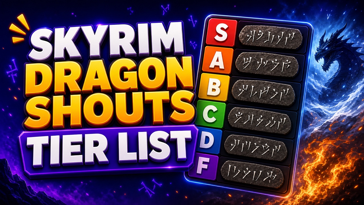 Fantasy gaming thumbnail for a Skyrim dragon shouts tier list with runes, elemental effects, and colorful rows